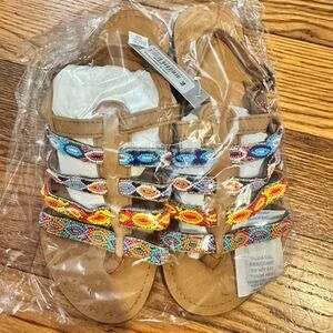 Tan and multi coloured beaded sandals